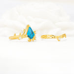 Botanical Kite Cut Turquoise Engagement Ring Set with Vine Accents - White-Gold