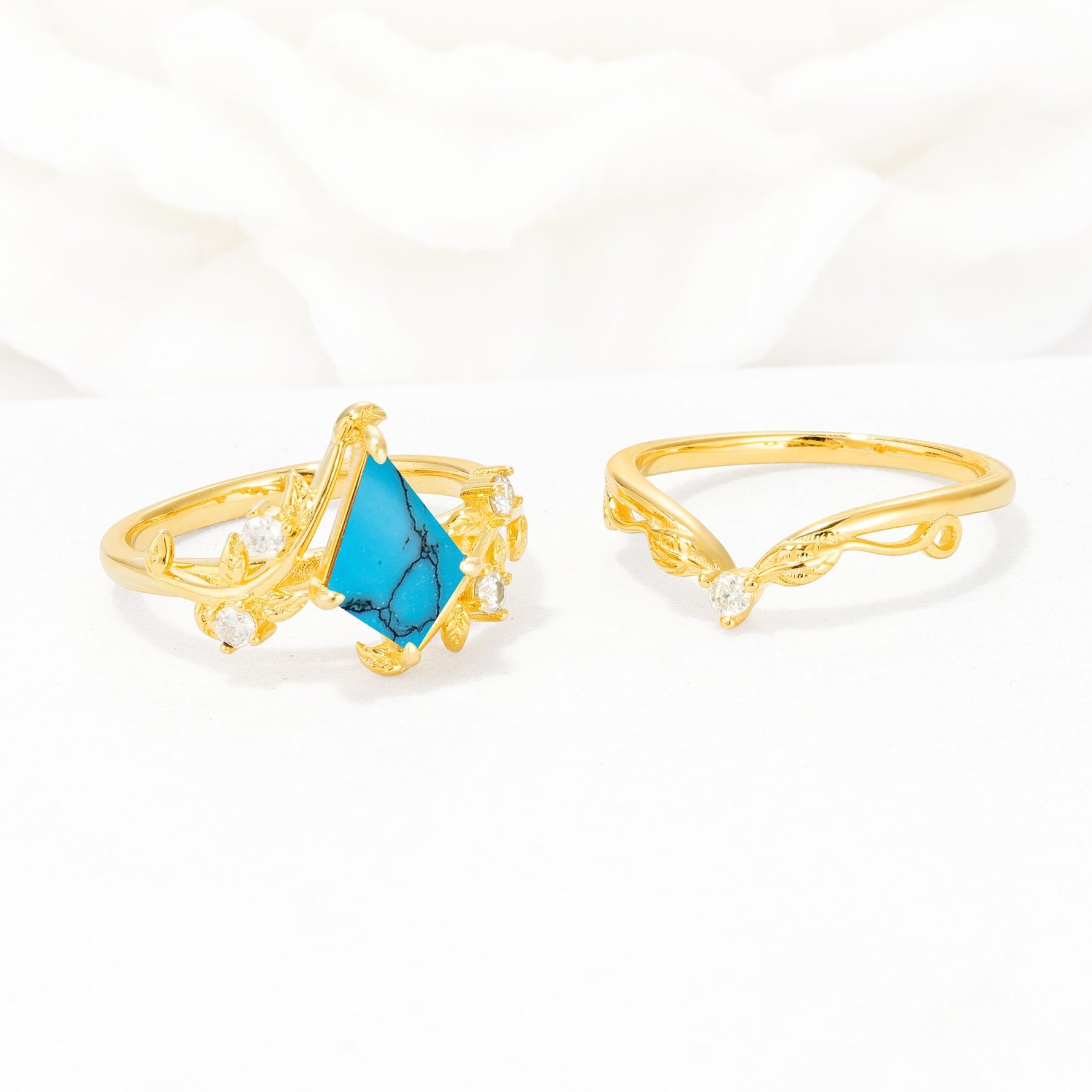 Botanical Kite Cut Turquoise Engagement Ring Set with Vine Accents - Additional view