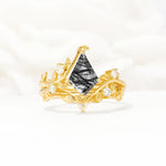 Botanical Kite Cut Black Rutilated Quartz Engagement Ring Set with Vine Accents - Yellow-Gold
