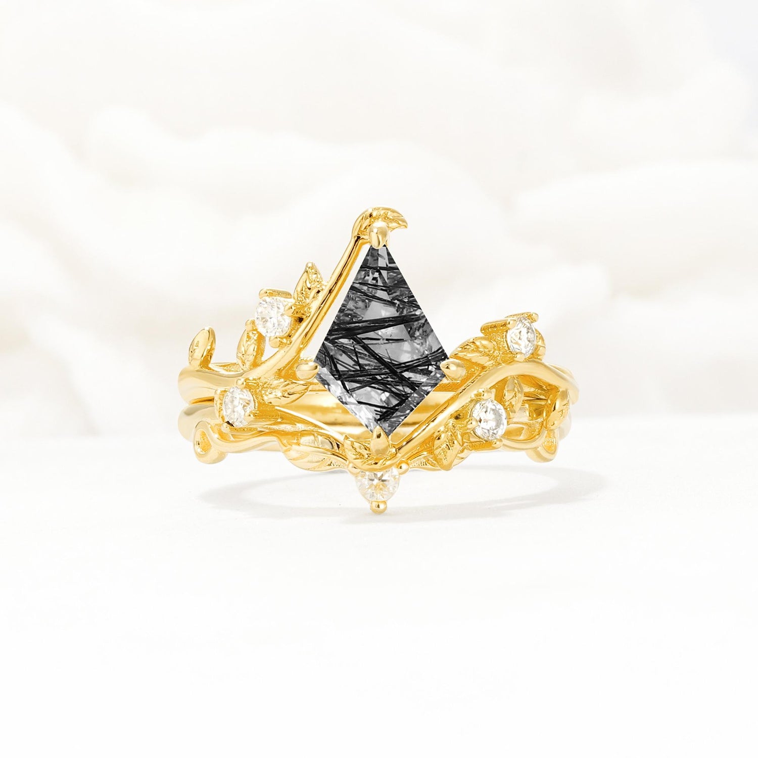Botanical Kite Cut Black Rutilated Quartz Engagement Ring Set with Vine Accents - Yellow-Gold