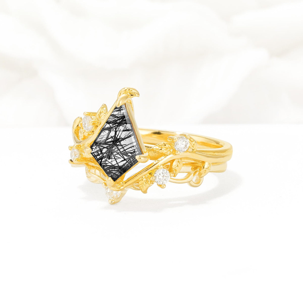 Botanical Kite Cut Black Rutilated Quartz Engagement Ring Set with Vine Accents - Rose-Gold