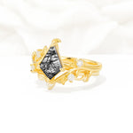 Botanical Kite Cut Black Rutilated Quartz Engagement Ring Set with Vine Accents - Rose-Gold