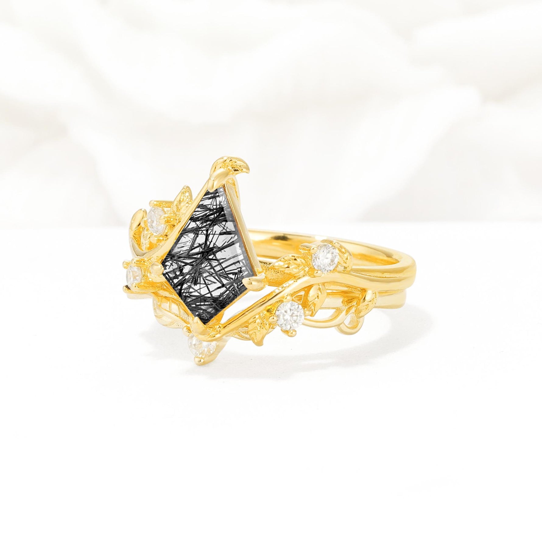 Botanical Kite Cut Black Rutilated Quartz Engagement Ring Set with Vine Accents - Rose-Gold