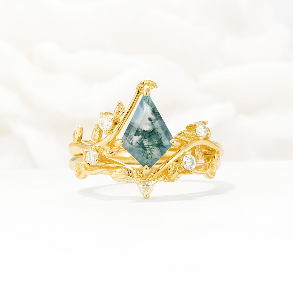 Botanical Kite Cut Moss Agate Engagement Ring Set with Vine Accents - Yellow-Gold