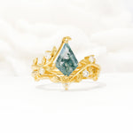 Botanical Kite Cut Moss Agate Engagement Ring Set with Vine Accents - Yellow-Gold