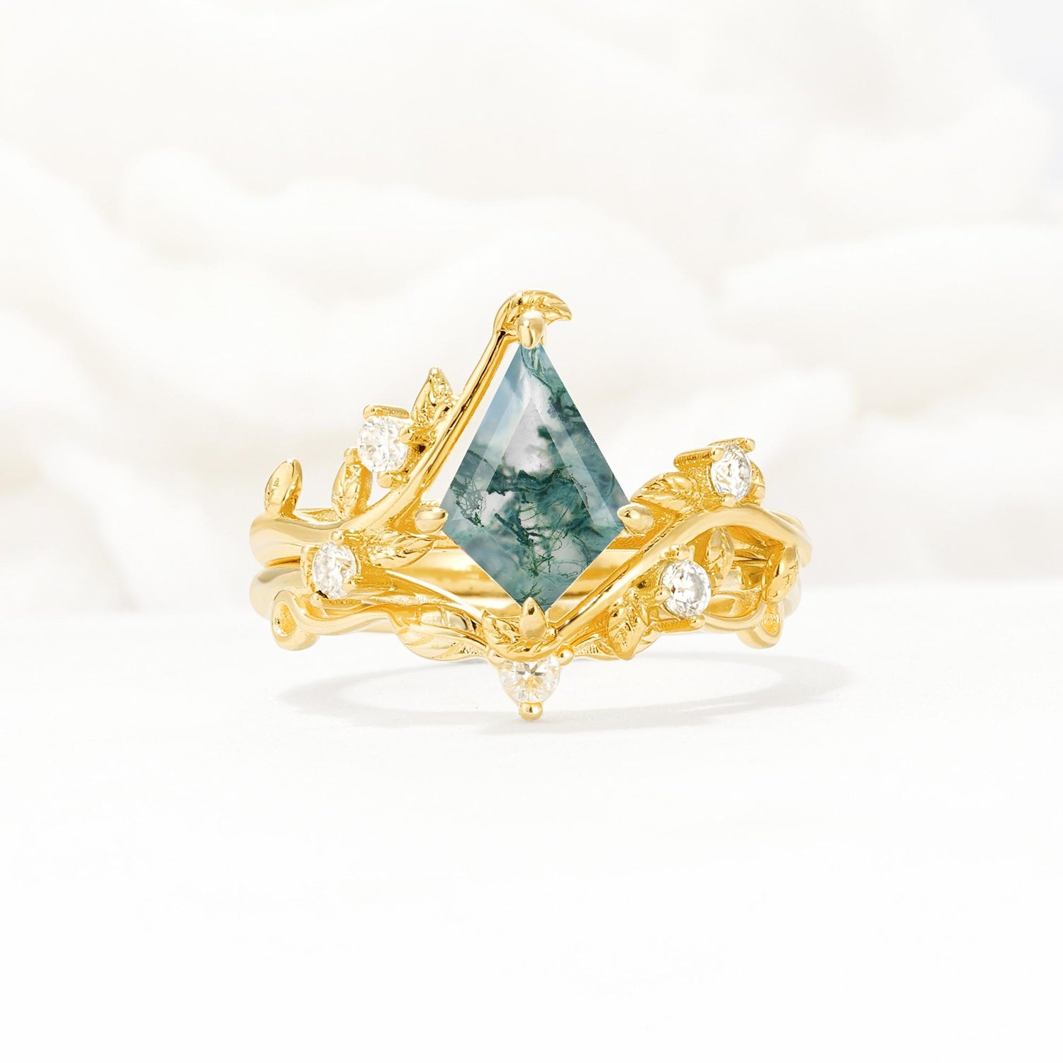Botanical Kite Cut Moss Agate Engagement Ring Set with Vine Accents - Yellow-Gold