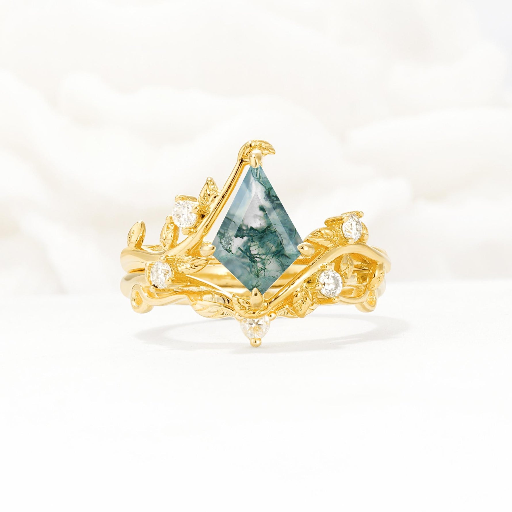 Botanical Kite Cut Moss Agate Engagement Ring Set with Vine Accents - Yellow-Gold