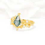 Botanical Kite Cut Moss Agate Engagement Ring Set with Vine Accents - Rose-Gold
