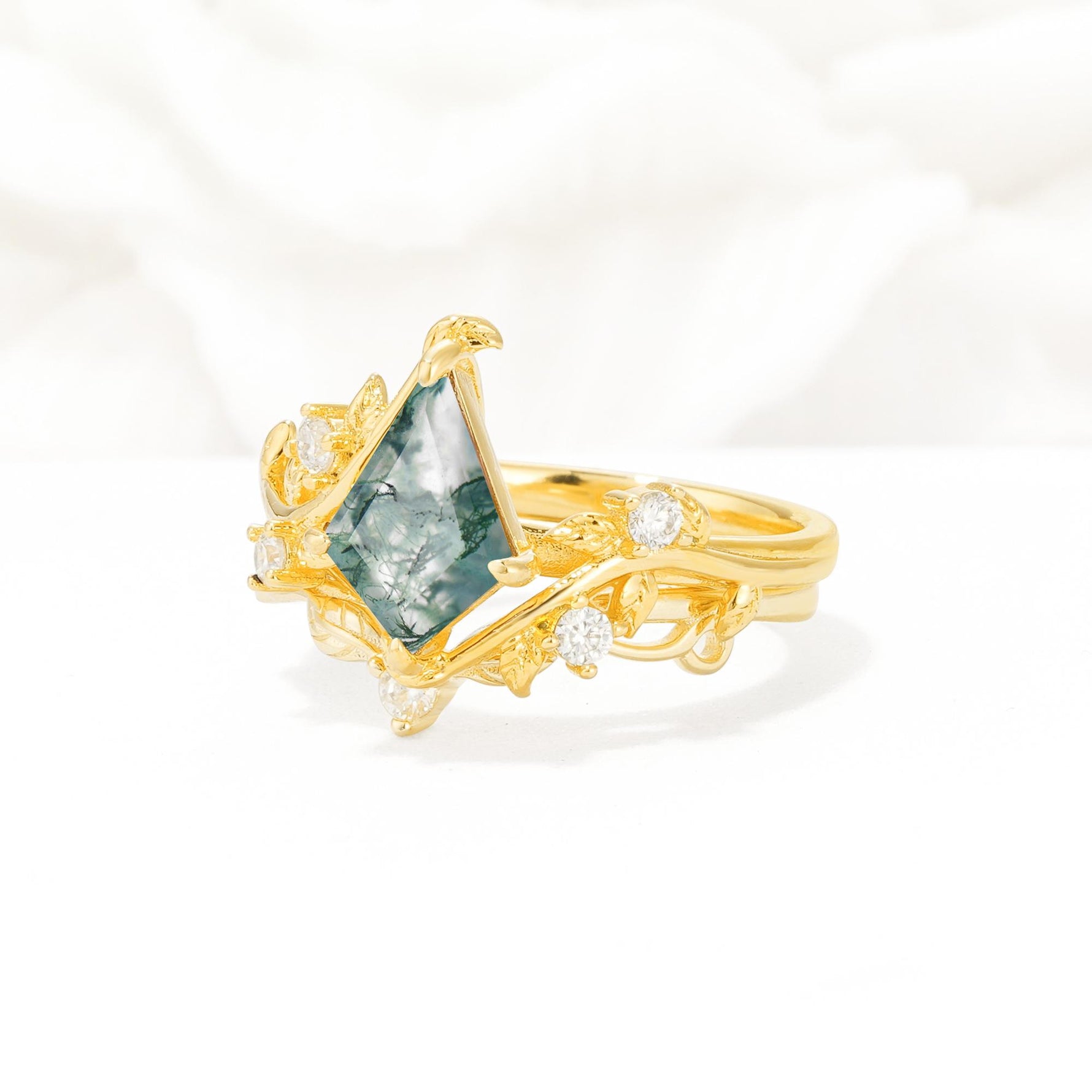 Botanical Kite Cut Moss Agate Engagement Ring Set with Vine Accents - Rose-Gold