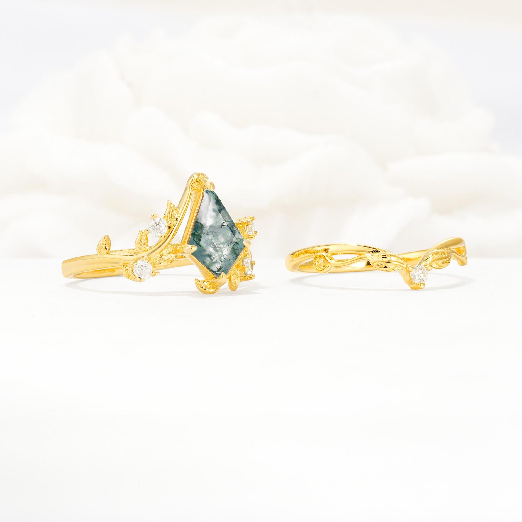 Botanical Kite Cut Moss Agate Engagement Ring Set with Vine Accents - White-Gold