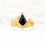 Botanical Kite Cut Black Onyx Engagement Ring Set with Vine Accents - Yellow-Gold