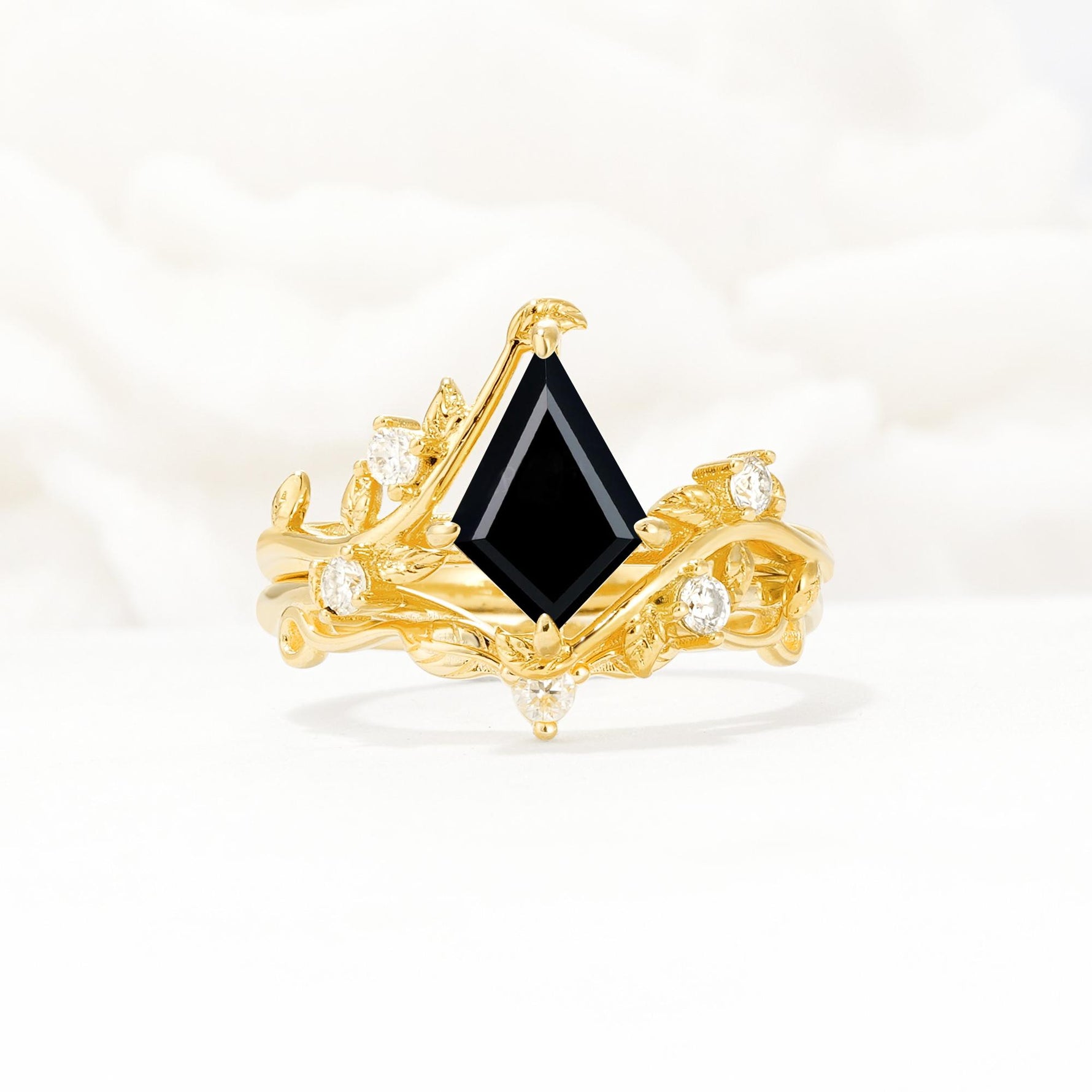 Botanical Kite Cut Black Onyx Engagement Ring Set with Vine Accents - Yellow-Gold