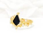 Botanical Kite Cut Black Onyx Engagement Ring Set with Vine Accents - Rose-Gold