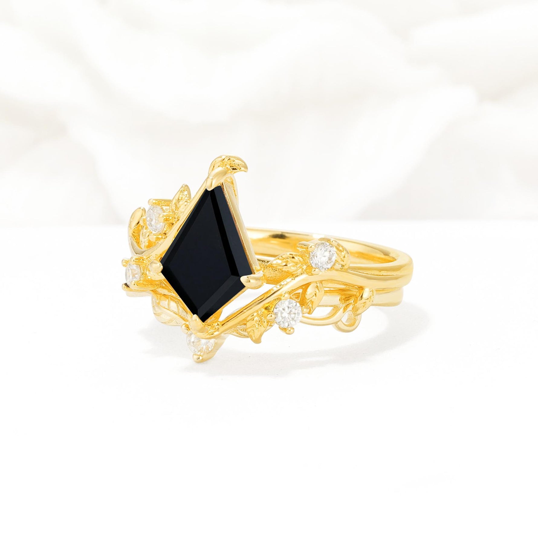 Botanical Kite Cut Black Onyx Engagement Ring Set with Vine Accents - Rose-Gold