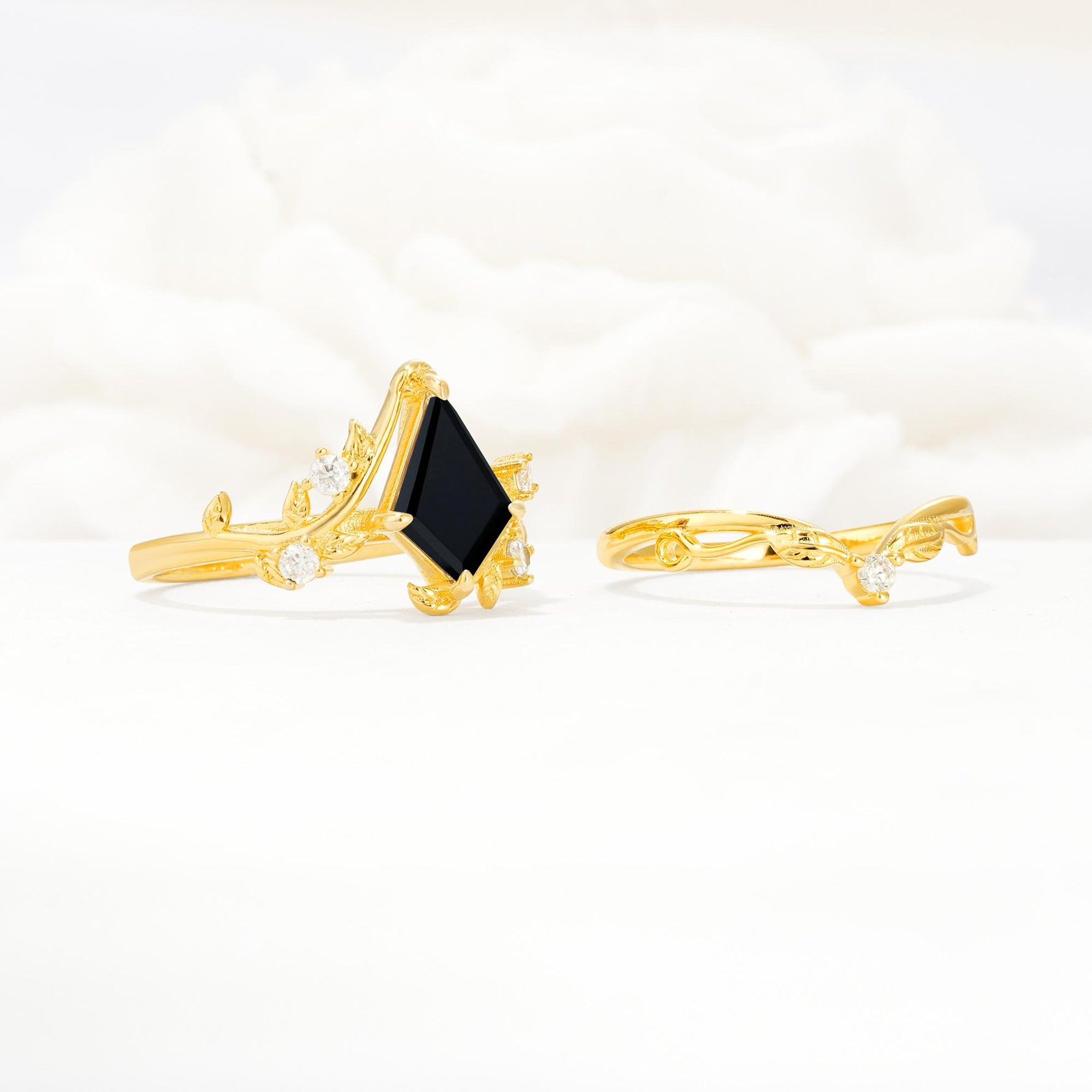 Botanical Kite Cut Black Onyx Engagement Ring Set with Vine Accents - White-Gold