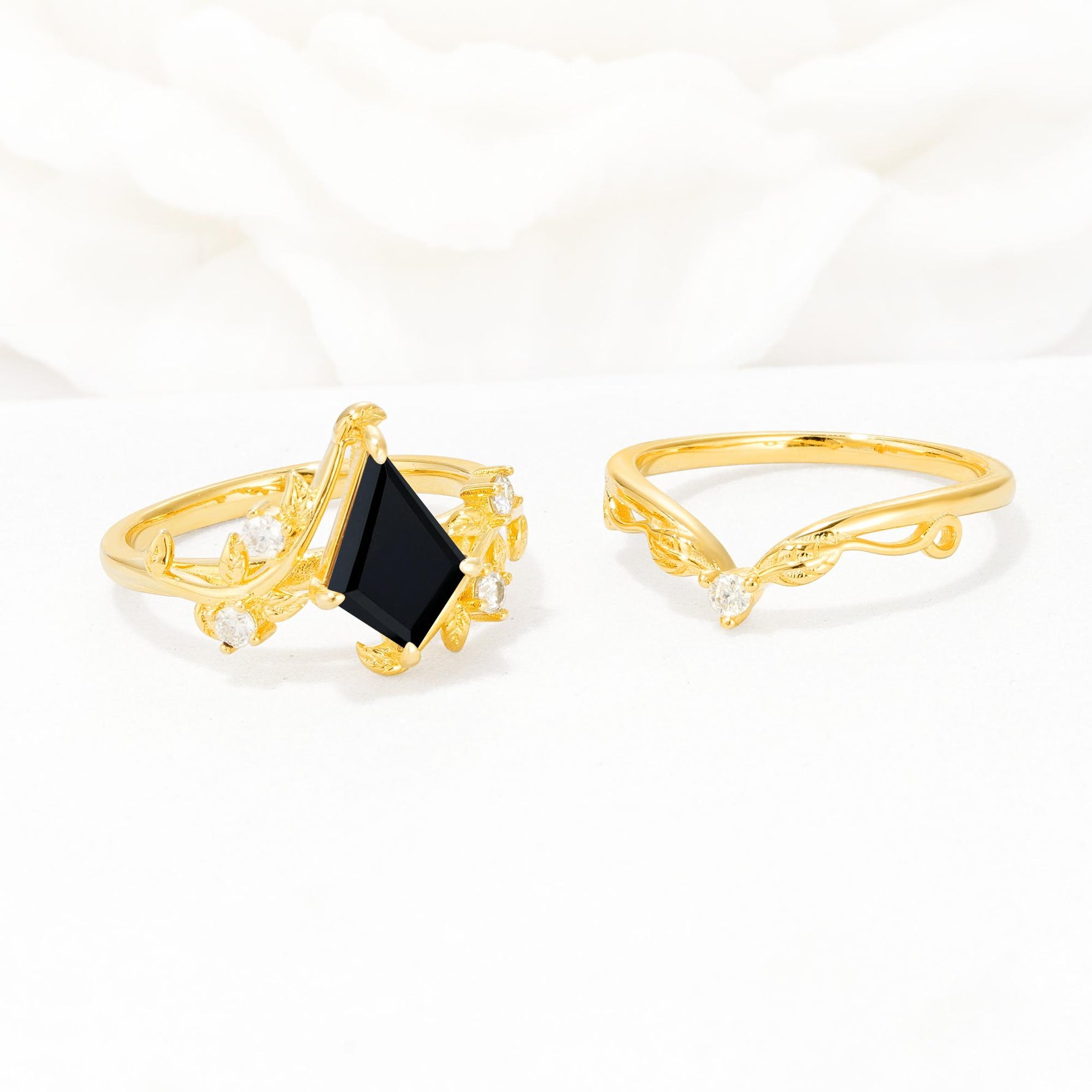 Botanical Kite Cut Black Onyx Engagement Ring Set with Vine Accents - Additional view