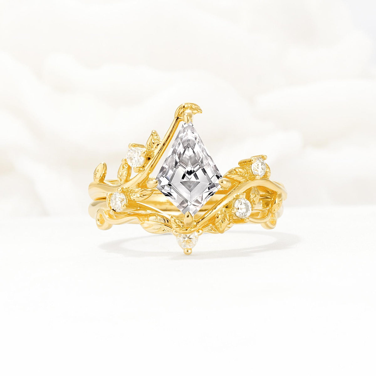 Botanical Kite Cut Lab Diamond Engagement Ring Set with Vine Accents - Yellow-Gold