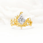 Botanical Kite Cut Lab Diamond Engagement Ring Set with Vine Accents - Yellow-Gold