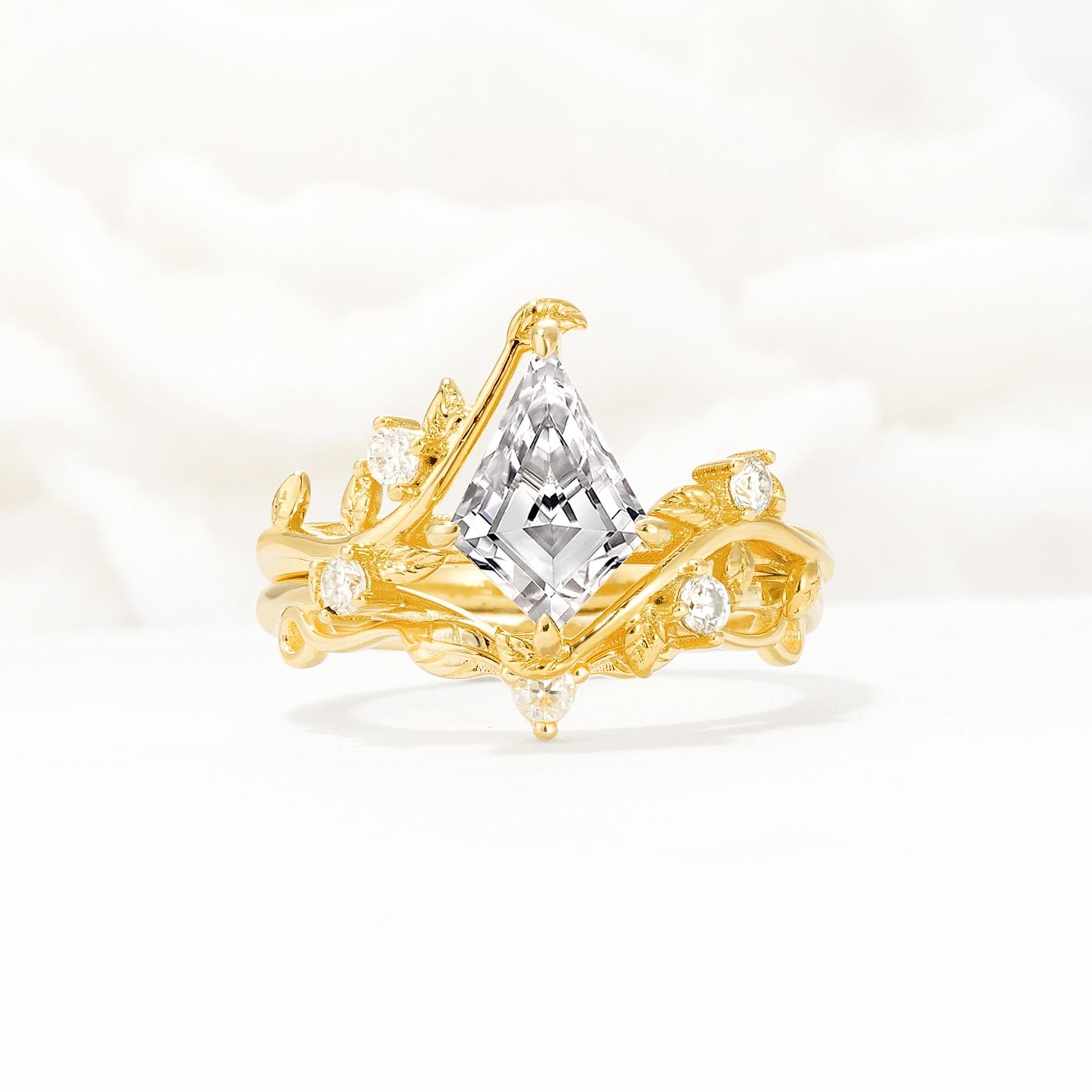Botanical Kite Cut Lab Diamond Engagement Ring Set with Vine Accents - Yellow-Gold