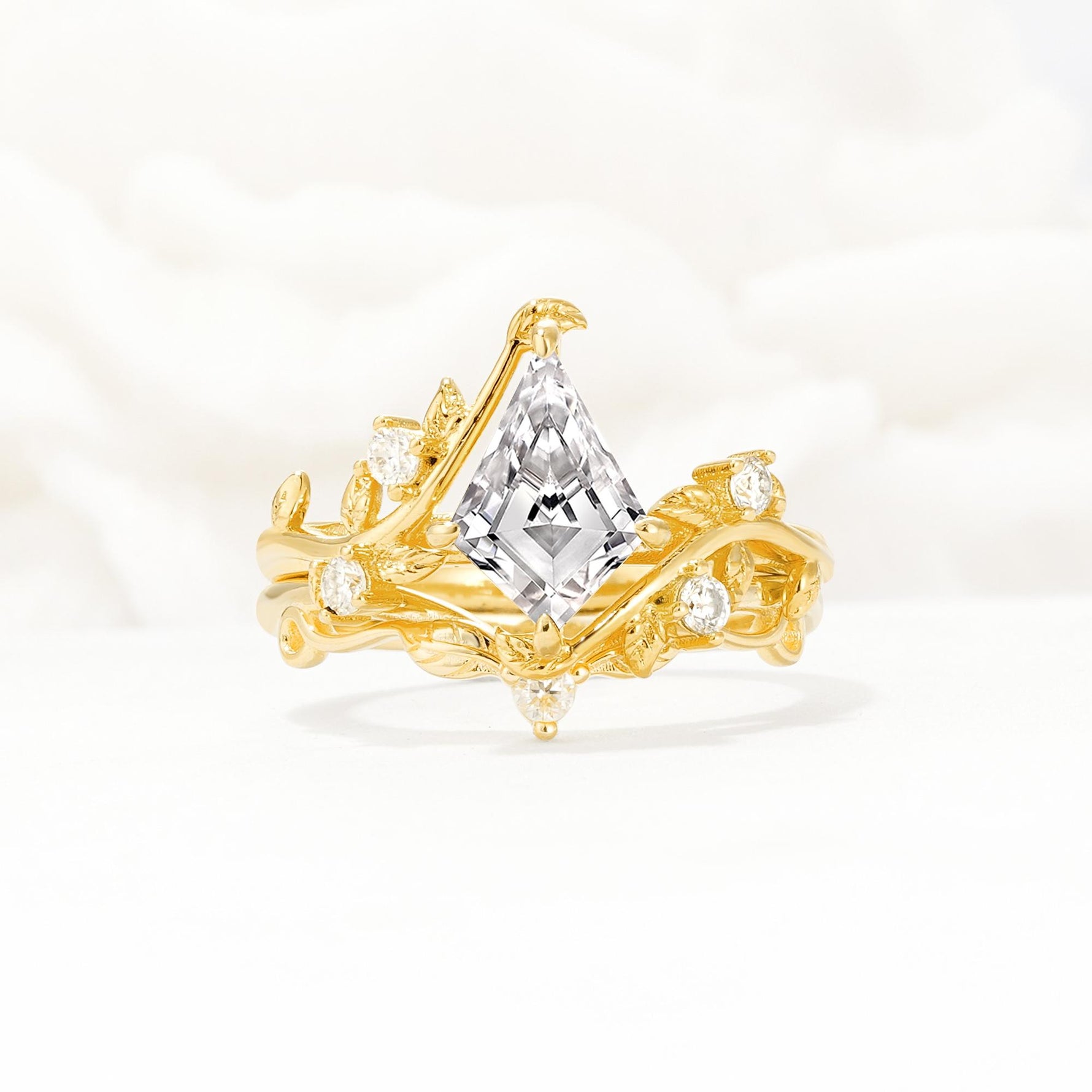 Botanical Kite Cut Lab Diamond Engagement Ring Set with Vine Accents - Yellow-Gold