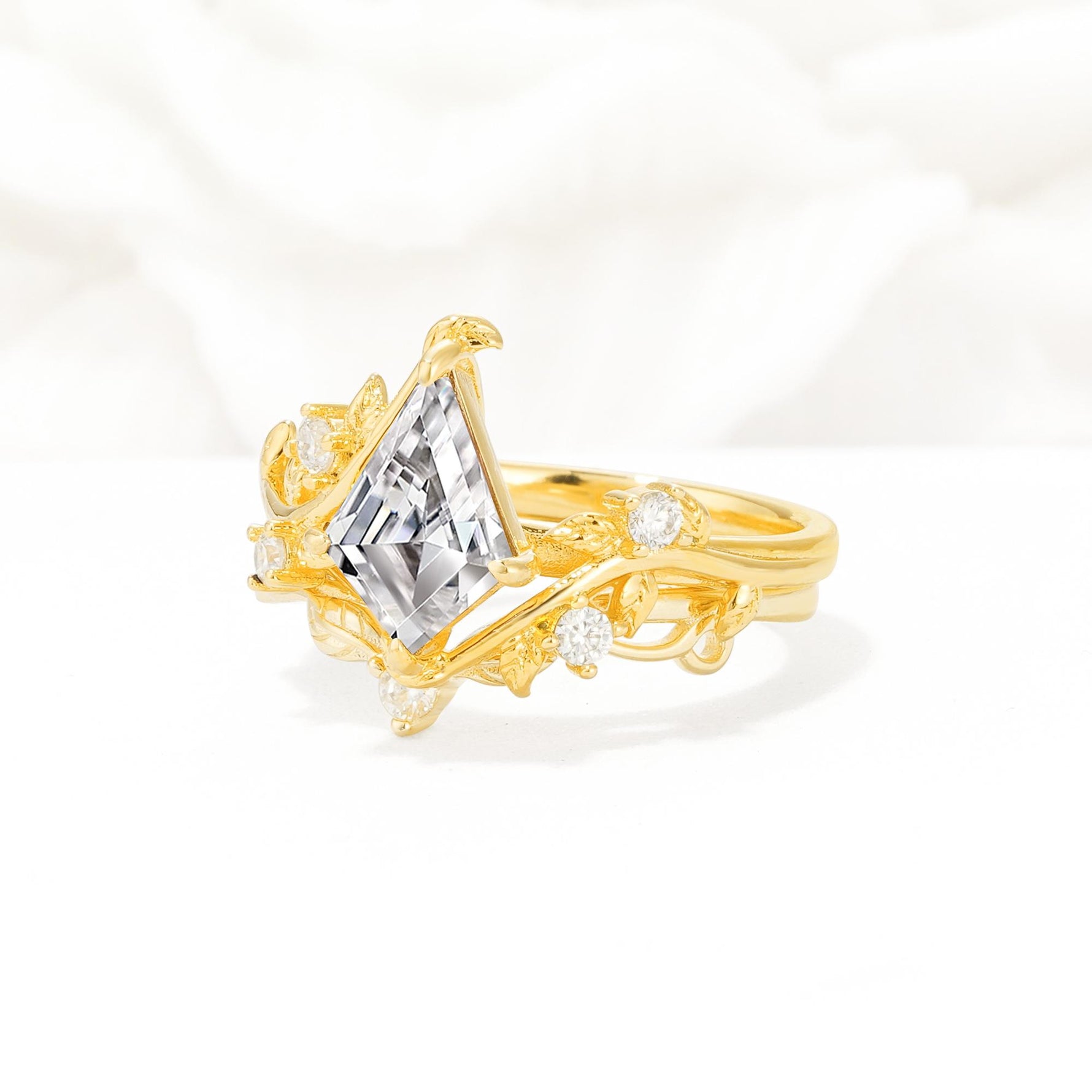 Botanical Kite Cut Lab Diamond Engagement Ring Set with Vine Accents - Rose-Gold