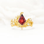 Botanical Kite Cut Garnet Engagement Ring Set with Vine Accents - Yellow-Gold