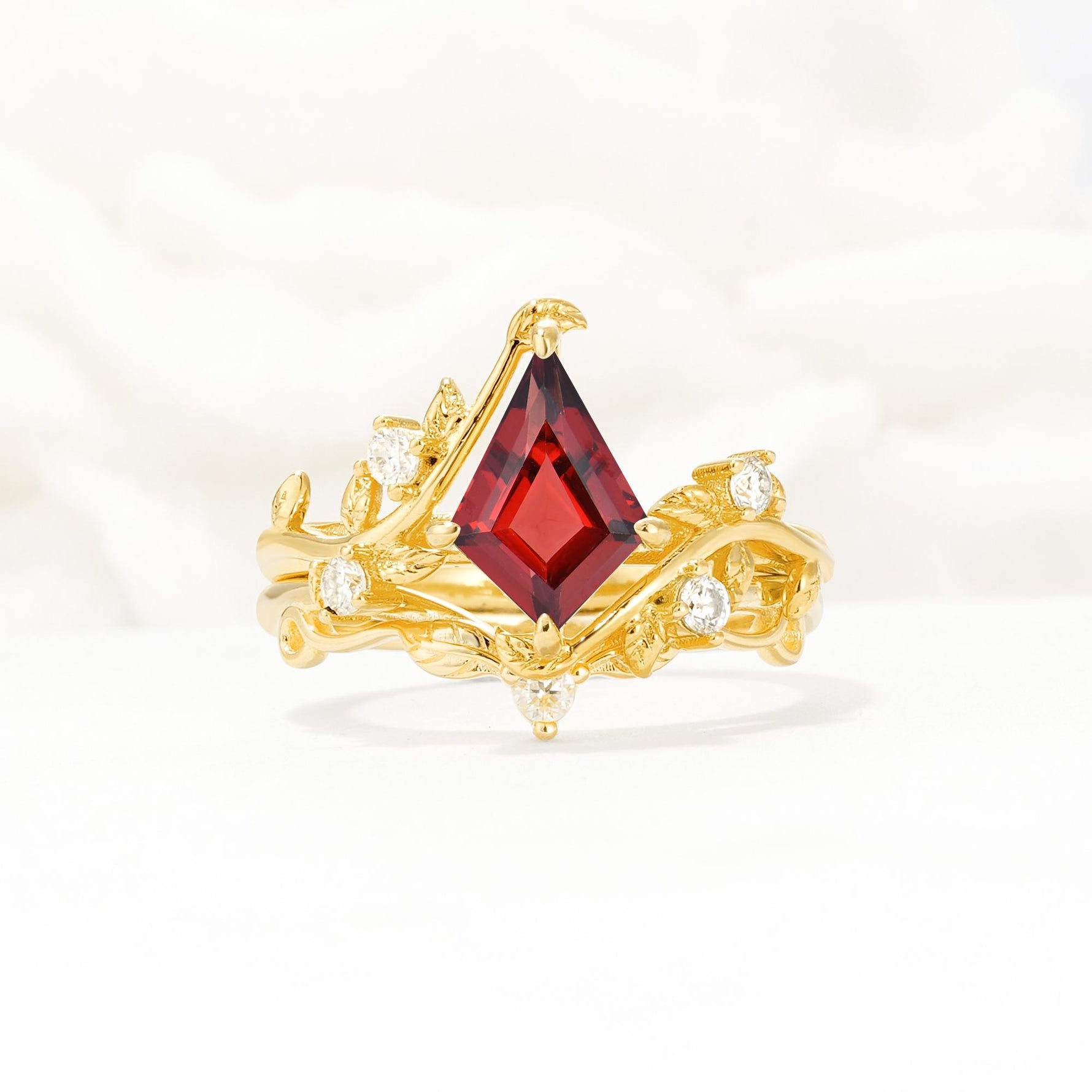 Botanical Kite Cut Garnet Engagement Ring Set with Vine Accents - Yellow-Gold