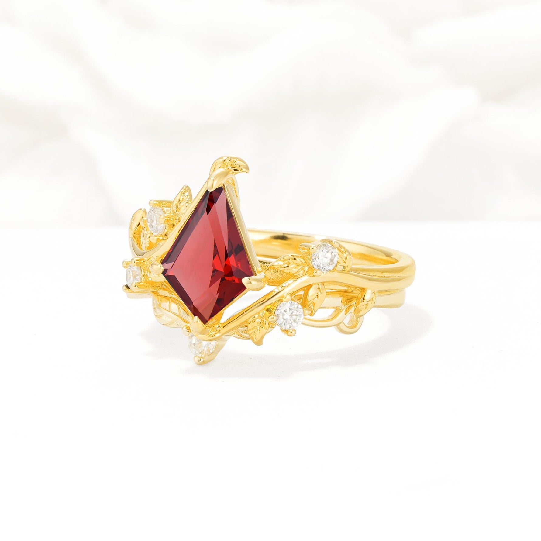 Botanical Kite Cut Garnet Engagement Ring Set with Vine Accents - Rose-Gold