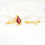 Botanical Kite Cut Garnet Engagement Ring Set with Vine Accents - White-Gold