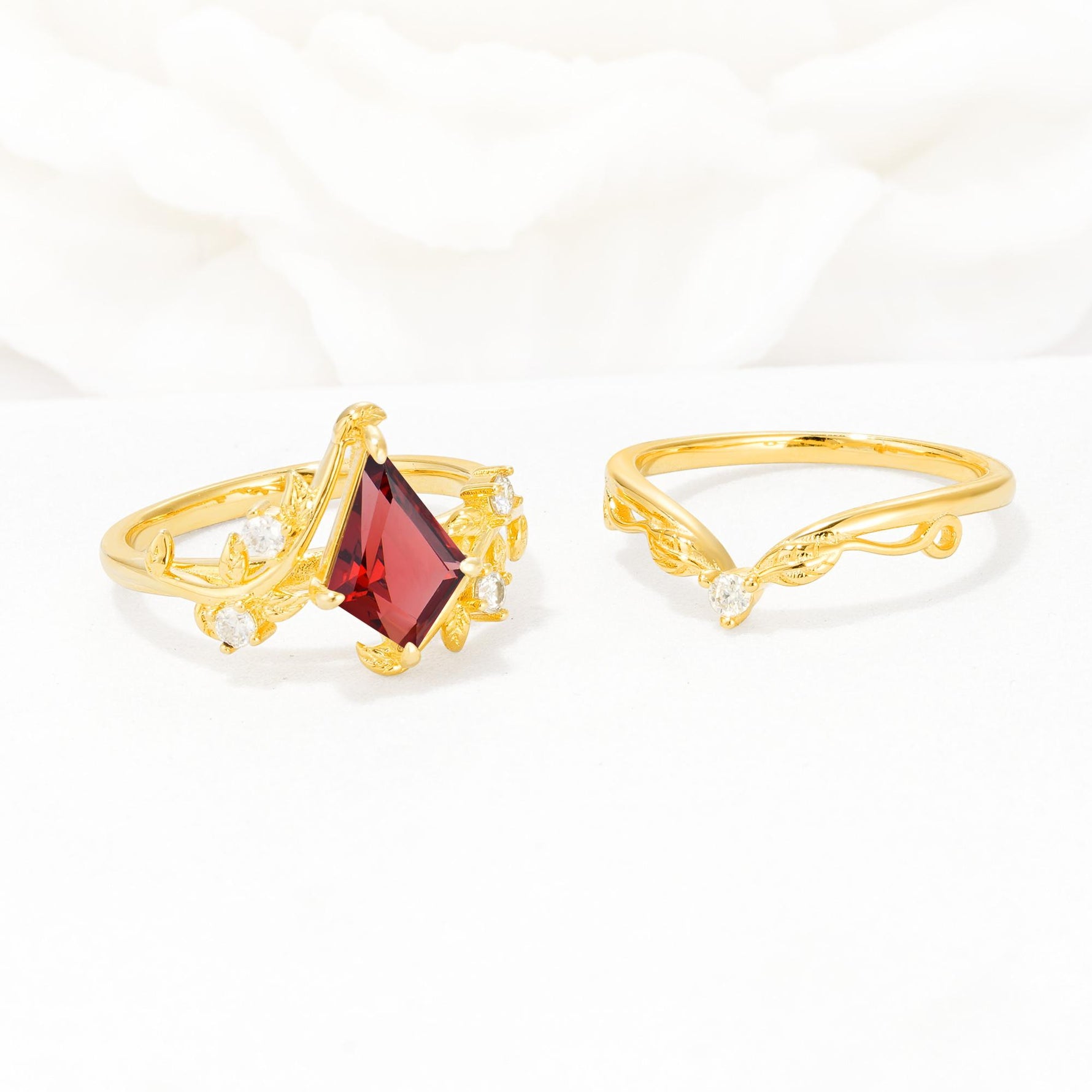 Botanical Kite Cut Garnet Engagement Ring Set with Vine Accents - Additional view