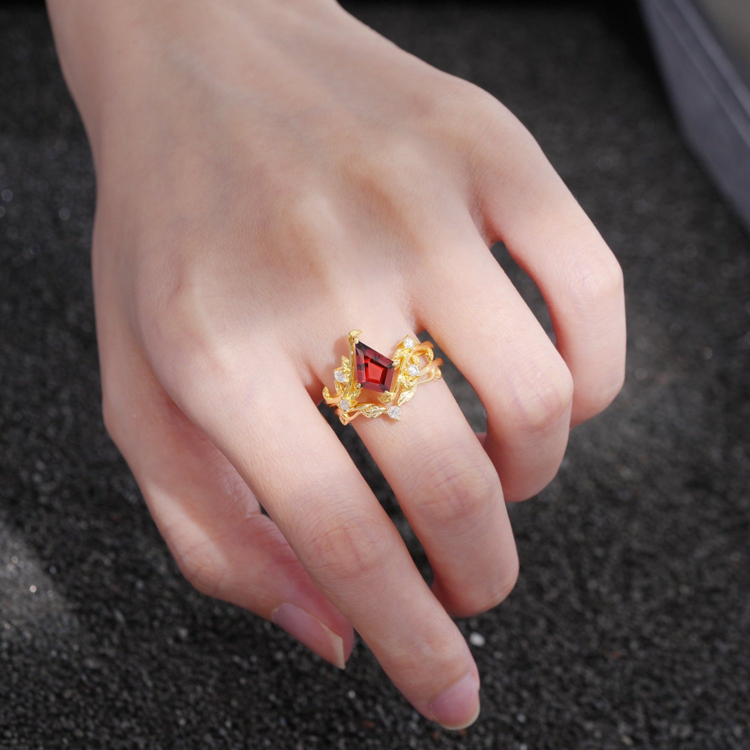 Botanical Kite Cut Garnet Engagement Ring Set with Vine Accents