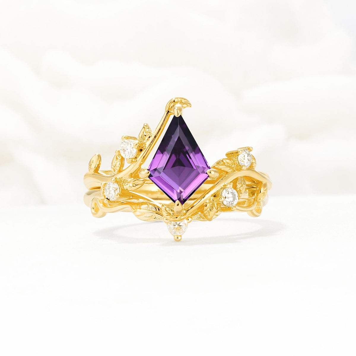 Botanical Kite Cut Amethyst Engagement Ring Set with Vine Accents - Yellow-Gold