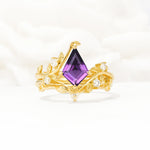 Botanical Kite Cut Amethyst Engagement Ring Set with Vine Accents - Yellow-Gold