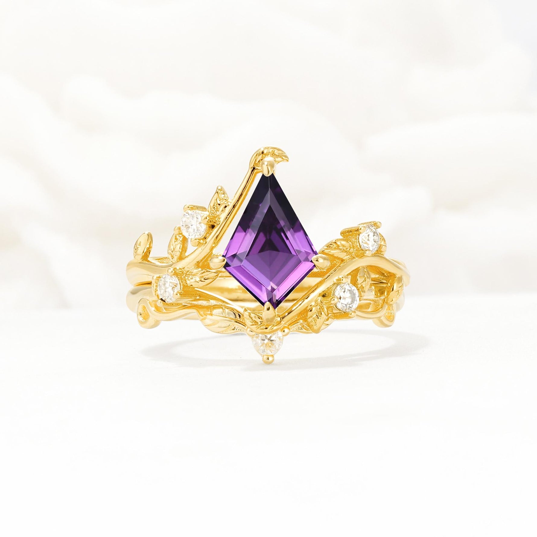 Botanical Kite Cut Amethyst Engagement Ring Set with Vine Accents - Yellow-Gold