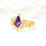 Botanical Kite Cut Amethyst Engagement Ring Set with Vine Accents - Rose-Gold