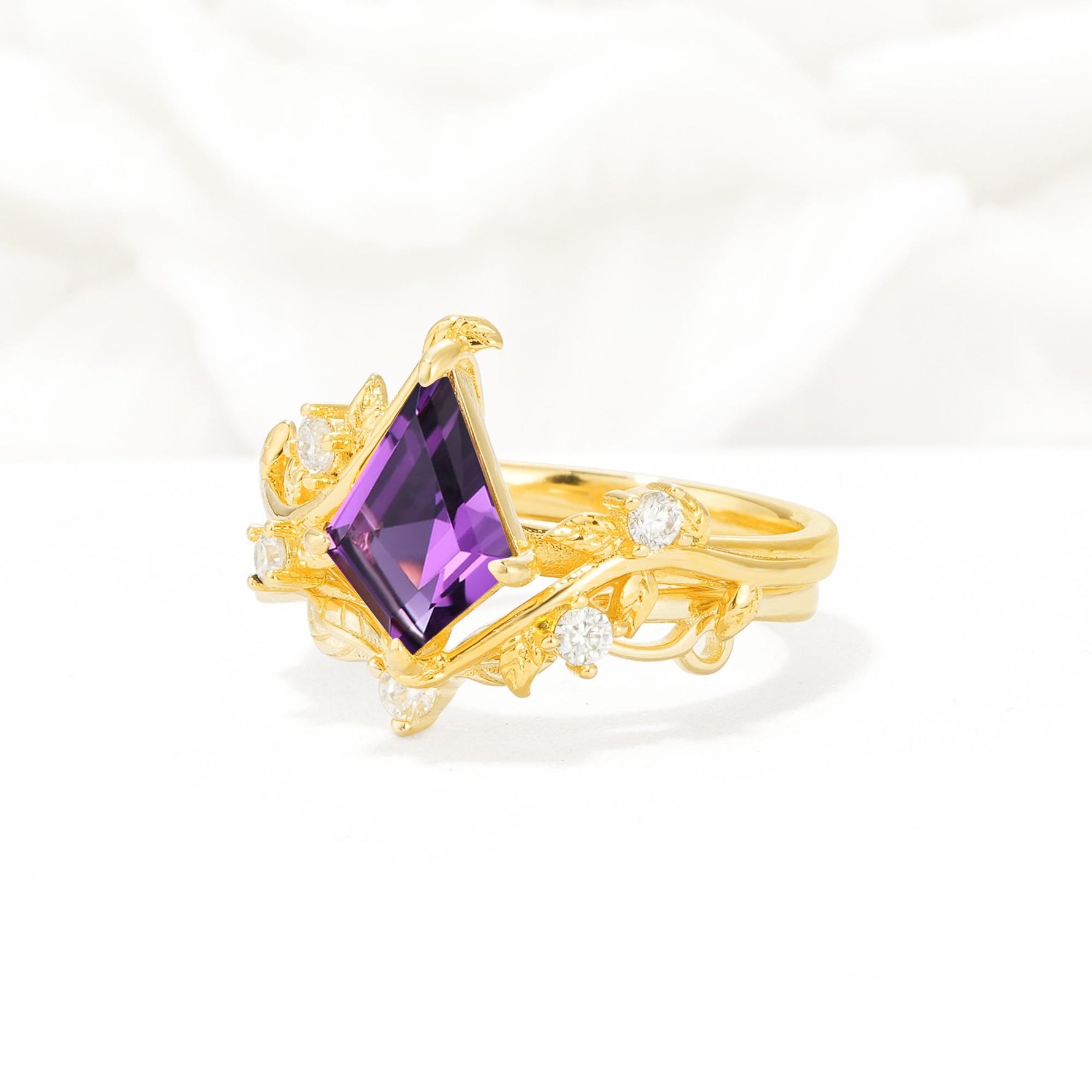 Botanical Kite Cut Amethyst Engagement Ring Set with Vine Accents - Rose-Gold