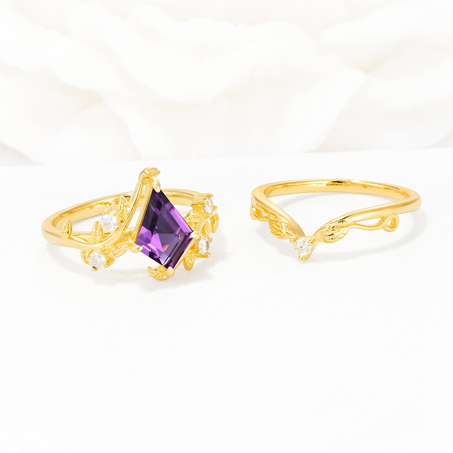 Botanical Kite Cut Amethyst Engagement Ring Set with Vine Accents - Additional view