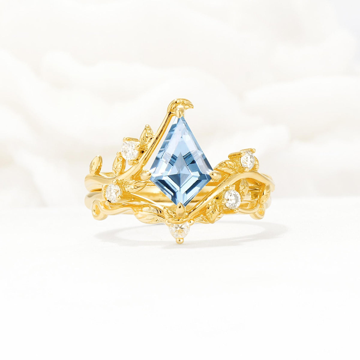 Botanical Kite Cut Aquamarine Engagement Ring Set with Vine Accents - Yellow-Gold