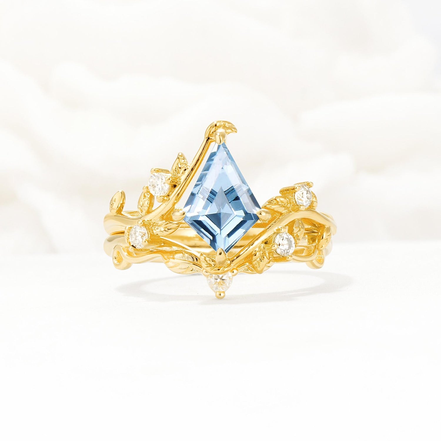 Botanical Kite Cut Aquamarine Engagement Ring Set with Vine Accents - Yellow-Gold