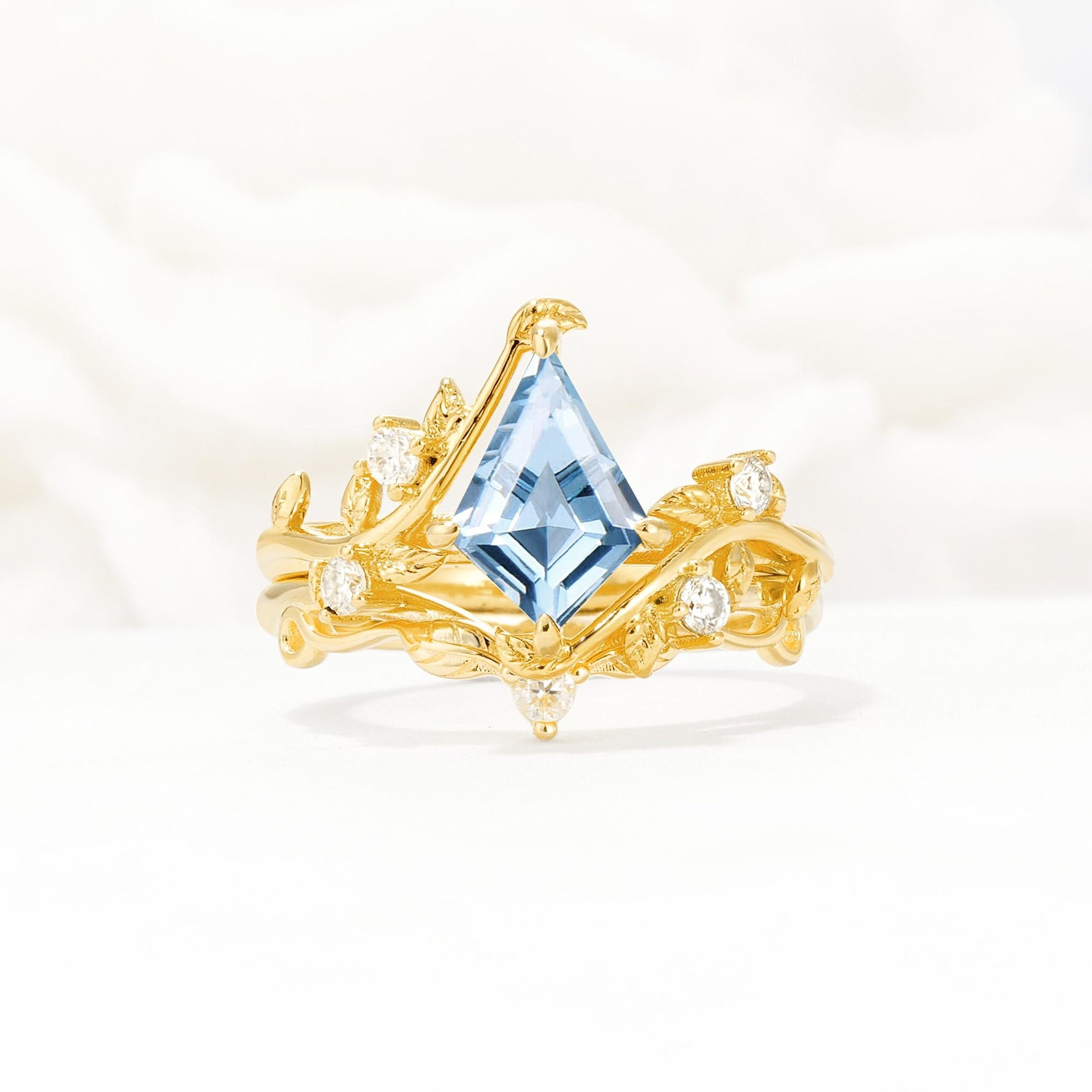 Botanical Kite Cut Aquamarine Engagement Ring Set with Vine Accents - Yellow-Gold