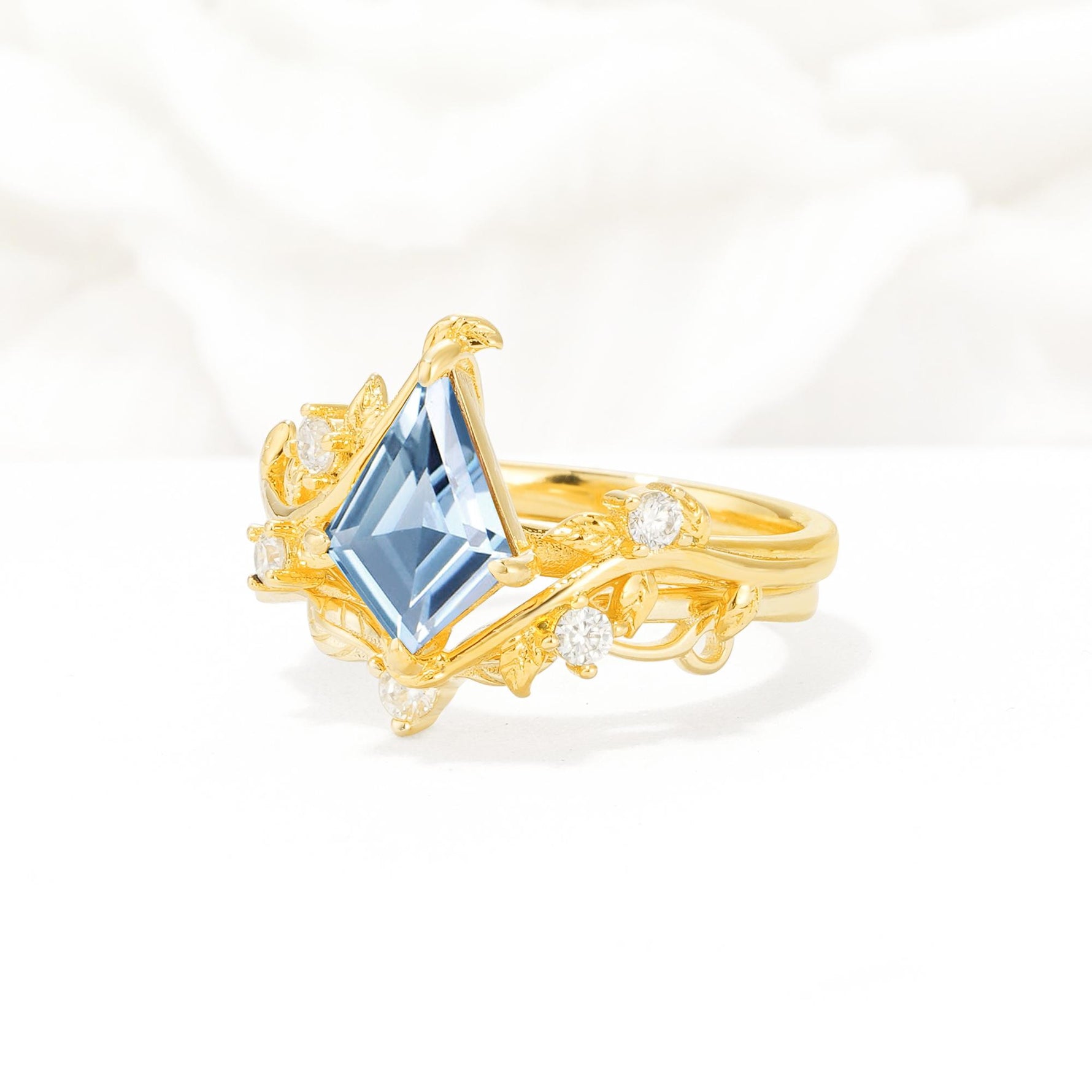 Botanical Kite Cut Aquamarine Engagement Ring Set with Vine Accents - Rose-Gold