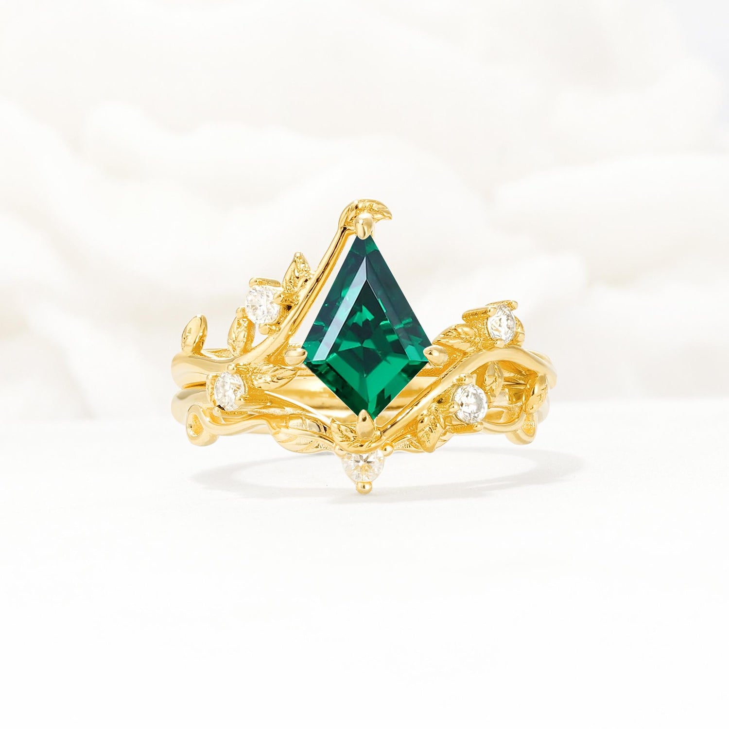 Botanical Kite Cut Emerald Engagement Ring Set with Vine Accents - Yellow-Gold