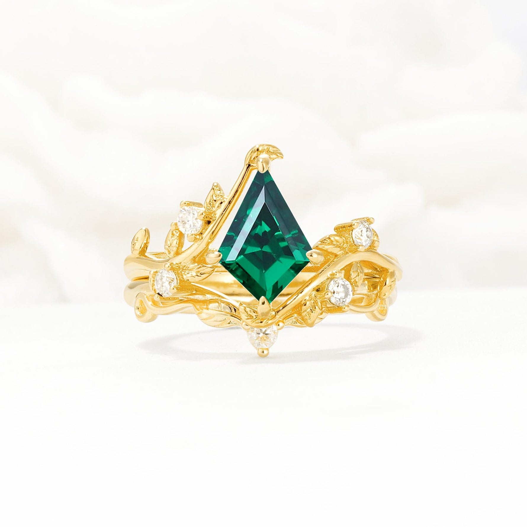 Botanical Kite Cut Emerald Engagement Ring Set with Vine Accents - Yellow-Gold