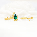 Botanical Kite Cut Emerald Engagement Ring Set with Vine Accents - White-Gold