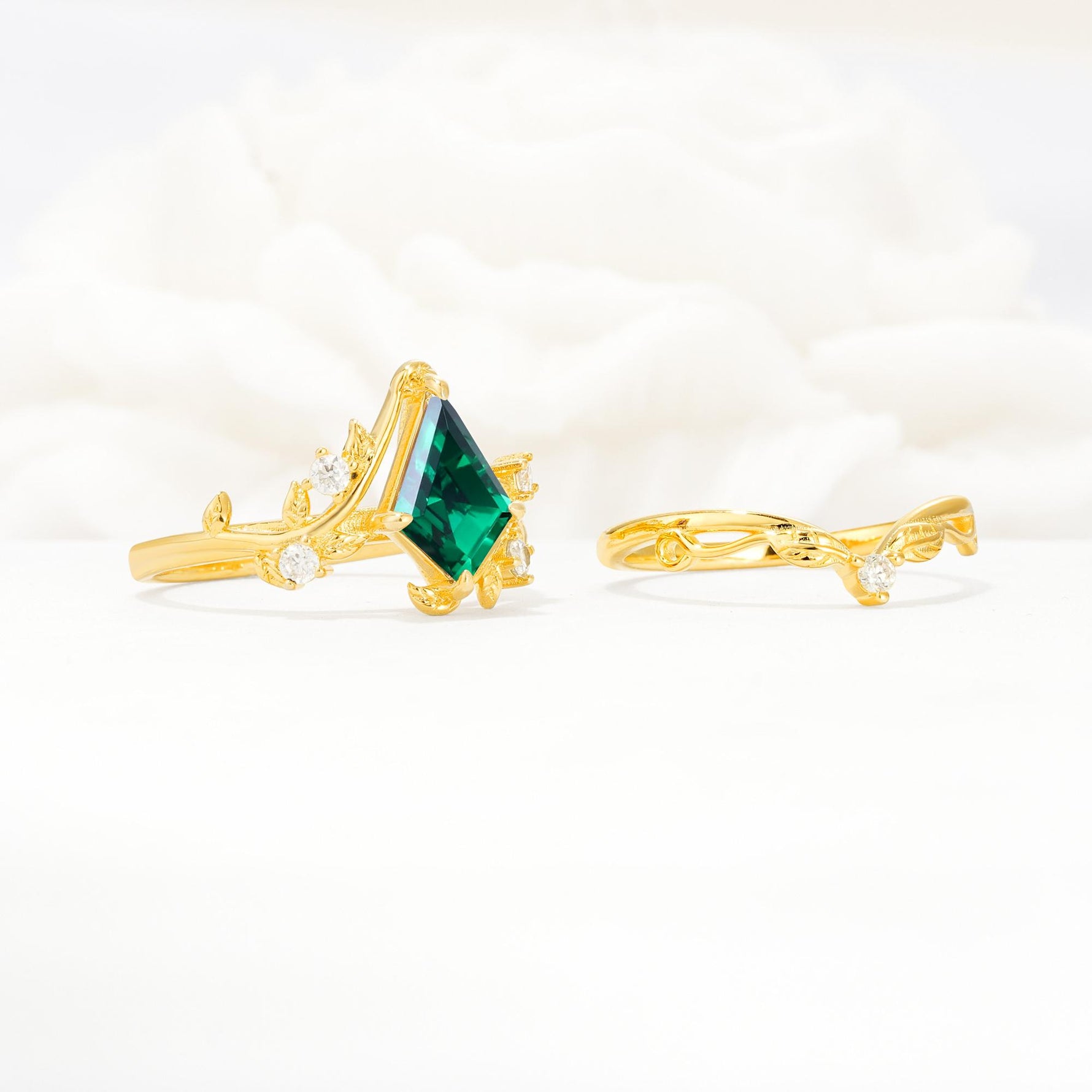 Botanical Kite Cut Emerald Engagement Ring Set with Vine Accents - White-Gold