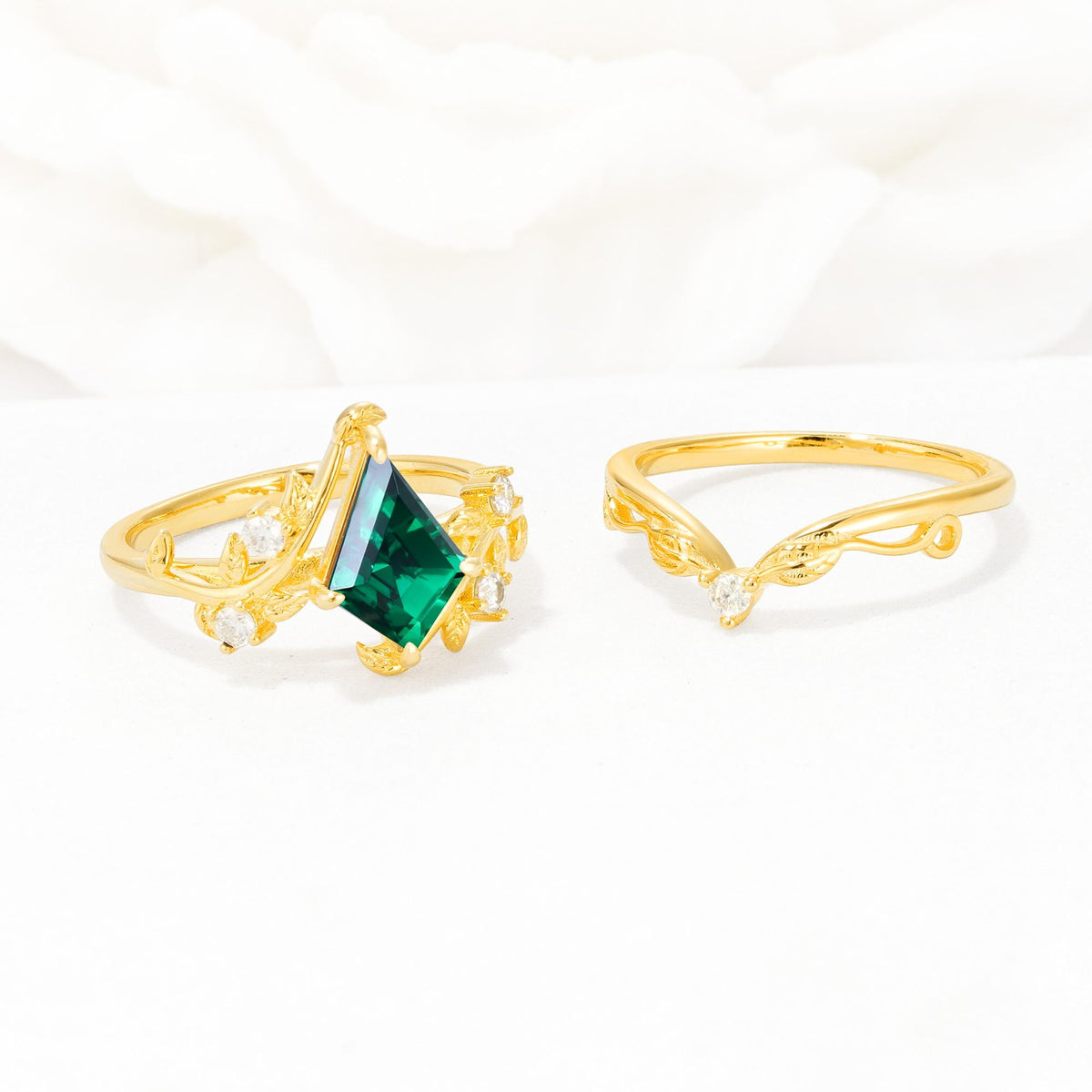 Botanical Kite Cut Emerald Engagement Ring Set with Vine Accents - Additional view