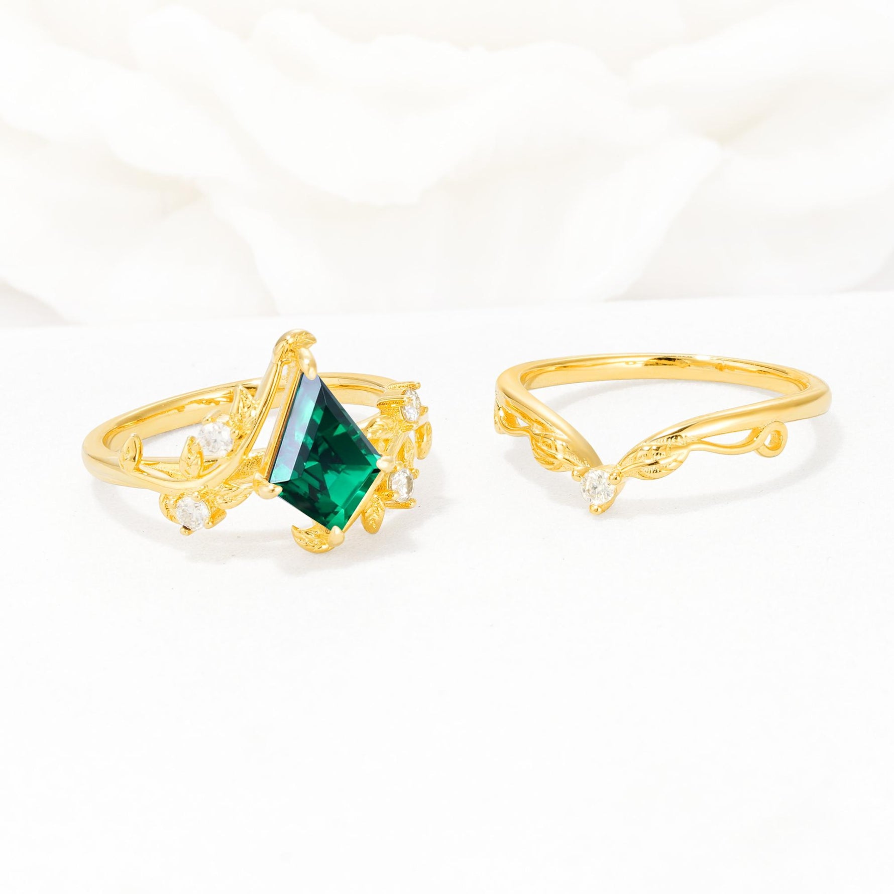 Botanical Kite Cut Emerald Engagement Ring Set with Vine Accents - Additional view