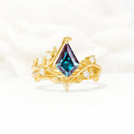 Botanical Kite Cut Alexandrite Engagement Ring Set with Vine Accents - Yellow-Gold