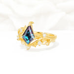Botanical Kite Cut Alexandrite Engagement Ring Set with Vine Accents - Rose-Gold