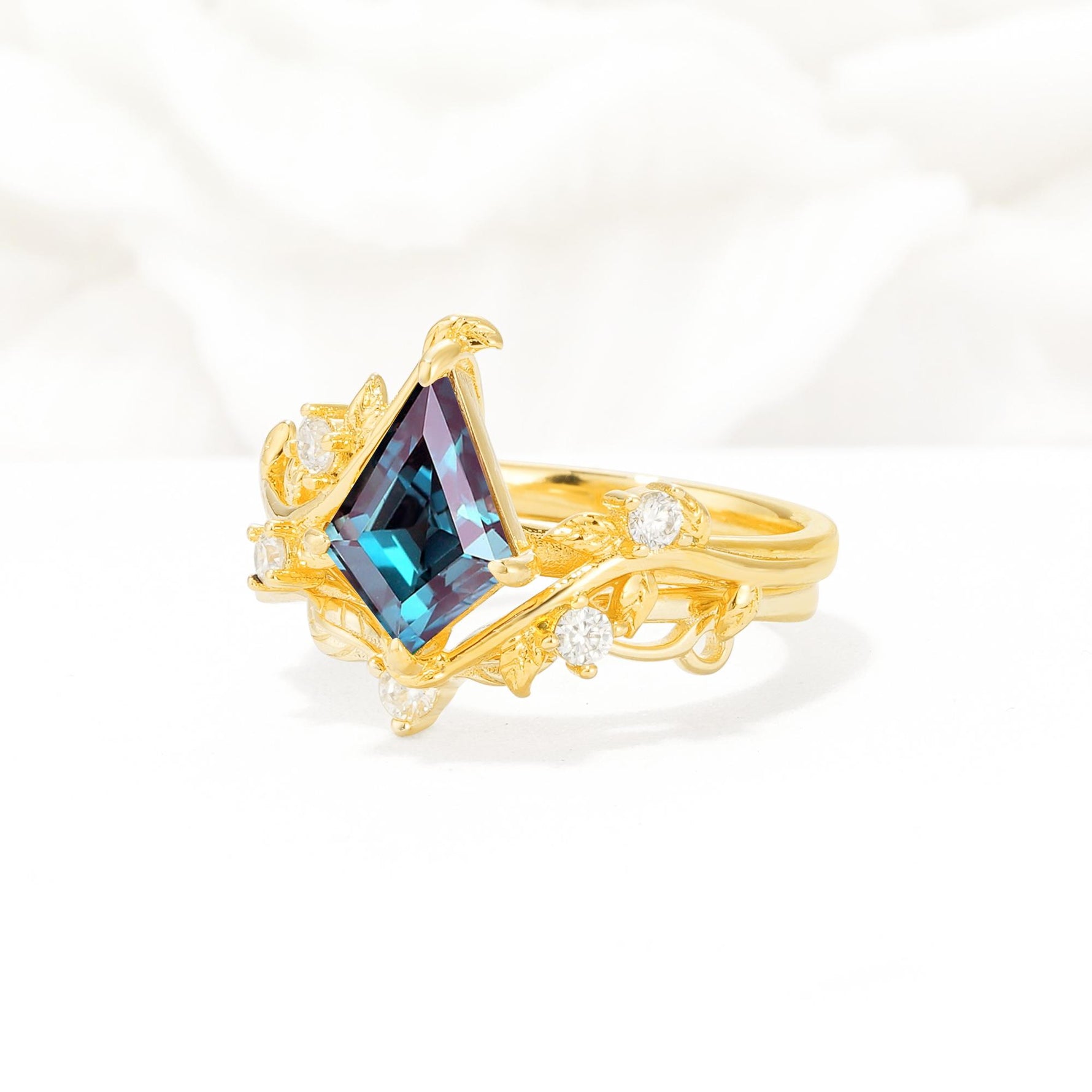 Botanical Kite Cut Alexandrite Engagement Ring Set with Vine Accents - Rose-Gold